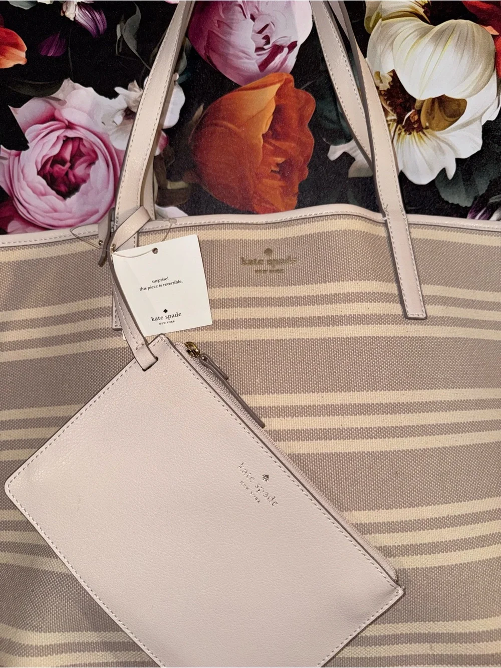 NWT kate spade Reversible Beige & Cream Striped Canvas/ Leather Tote w/ wristlet